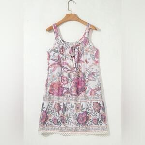 *NEW* Pink, Cream & Green Floral Sleeveless Boho Sleeveless Dress | Size M